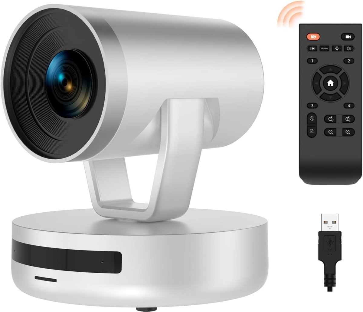 V403 PTZ Webcam, dubbele microfoon, 5 x optische zoom, autofocus, 1080p FHD videoconferentiecamera met afstandsbediening, 122° groothoek voor live streaming/Skype