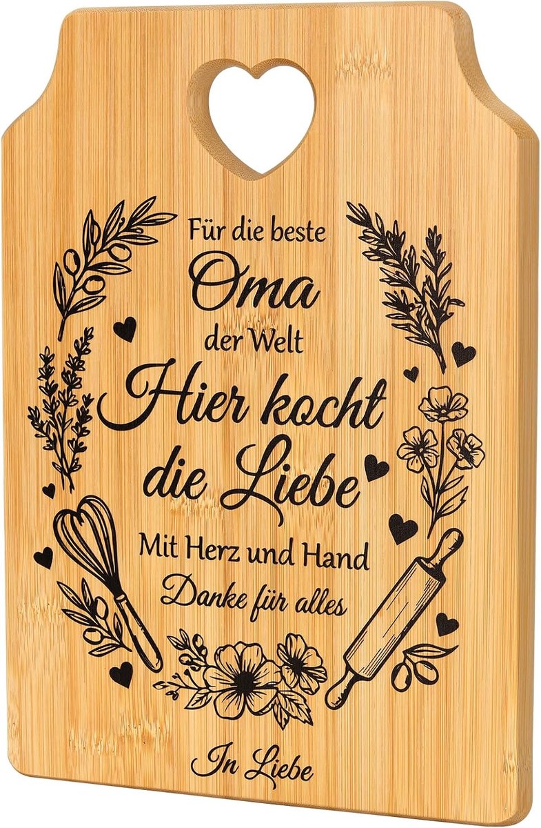 Snijplank van bamboe met hartvormige hanger en bloemenkrans met gravure - Hier kookt die Liebe, Beste Oma der Welt, voor oma, Moederdagcadeau