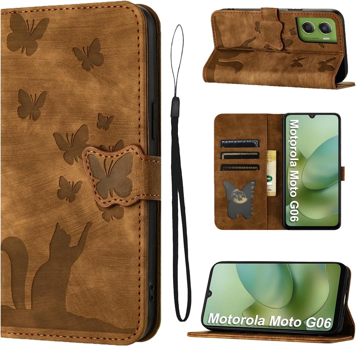 Telefoonhoesje voor Motorola Moto G06 (6,88 inch), premium PU-leren hoesje met kaartsleuven, standfunctie, beschermhoes, klaphoes, portemonnee, vlinderkat, bruin