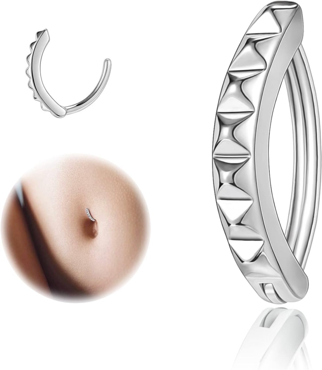 14G clicker piercing navel voor vrouwen, diamanten navelpiercing zilver 925 omgekeerde gebogen navel barbell sieraden lichaamssieraden