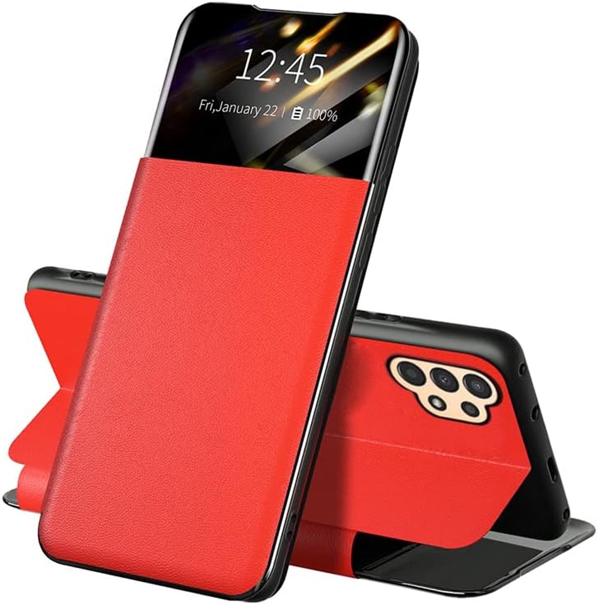 Hoesje voor Samsung Galaxy A32 5G, [Shockproof] Intelligent Flap PU Lederen Hoesje, Top Display Klein Venster Telefoonhoesje [1-Slots] [Standfunctie] Compatibel met Samsung Galaxy A32 5G-Rood