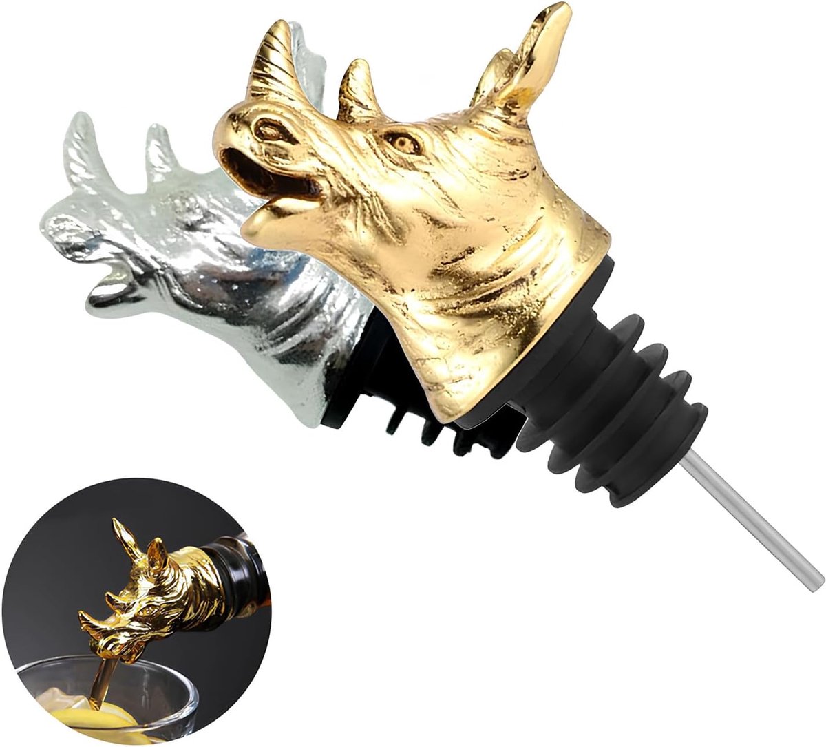 Set van 2 alcoholschenktuit, creatieve decoratieve doppen, metalen hertenkop wijnschenktuit voor wijnflessen, schenktuit voor wijnflessen, olie-schenktuit (goud en zilver)
