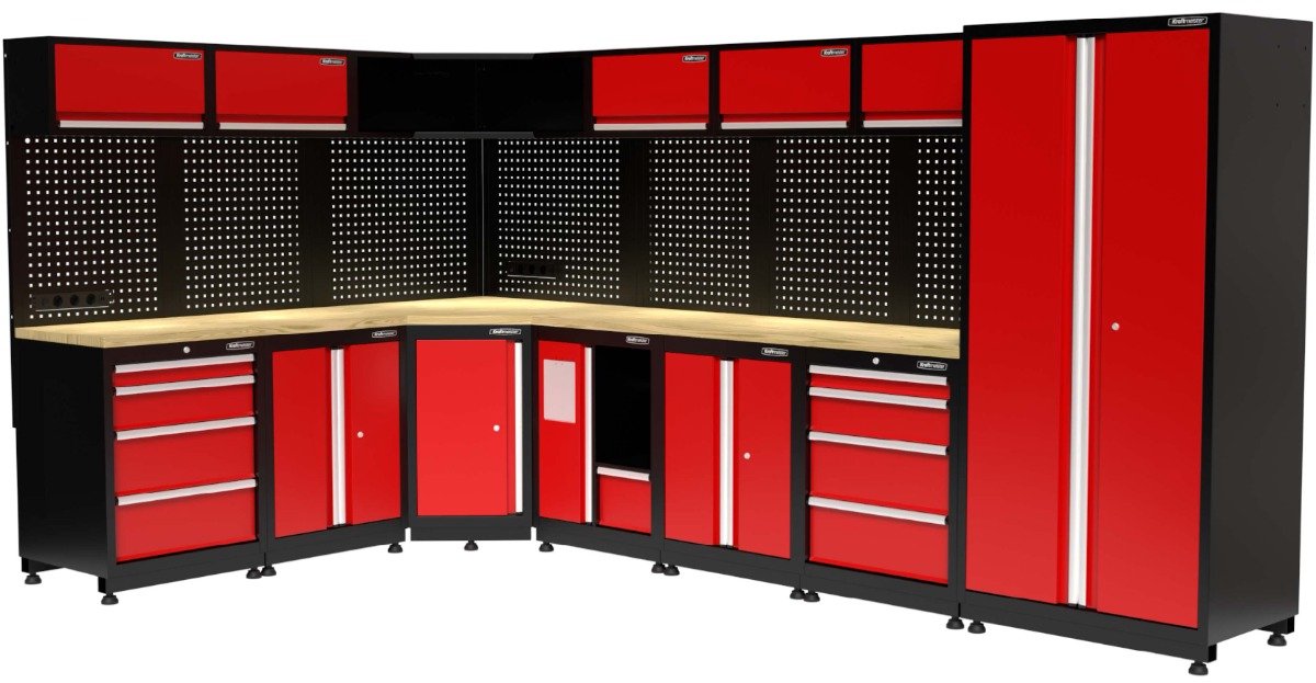 Kraftmeister werkplaatsinrichting - Werkbank met 6 wandkasten, 1 werkplaatskast, 3 opbergkasten, 1 prullenbak en eiken werkblad - Werktafel met 8 laden en gereedschapswand - Complete set voor werkplaats of garage - Rood