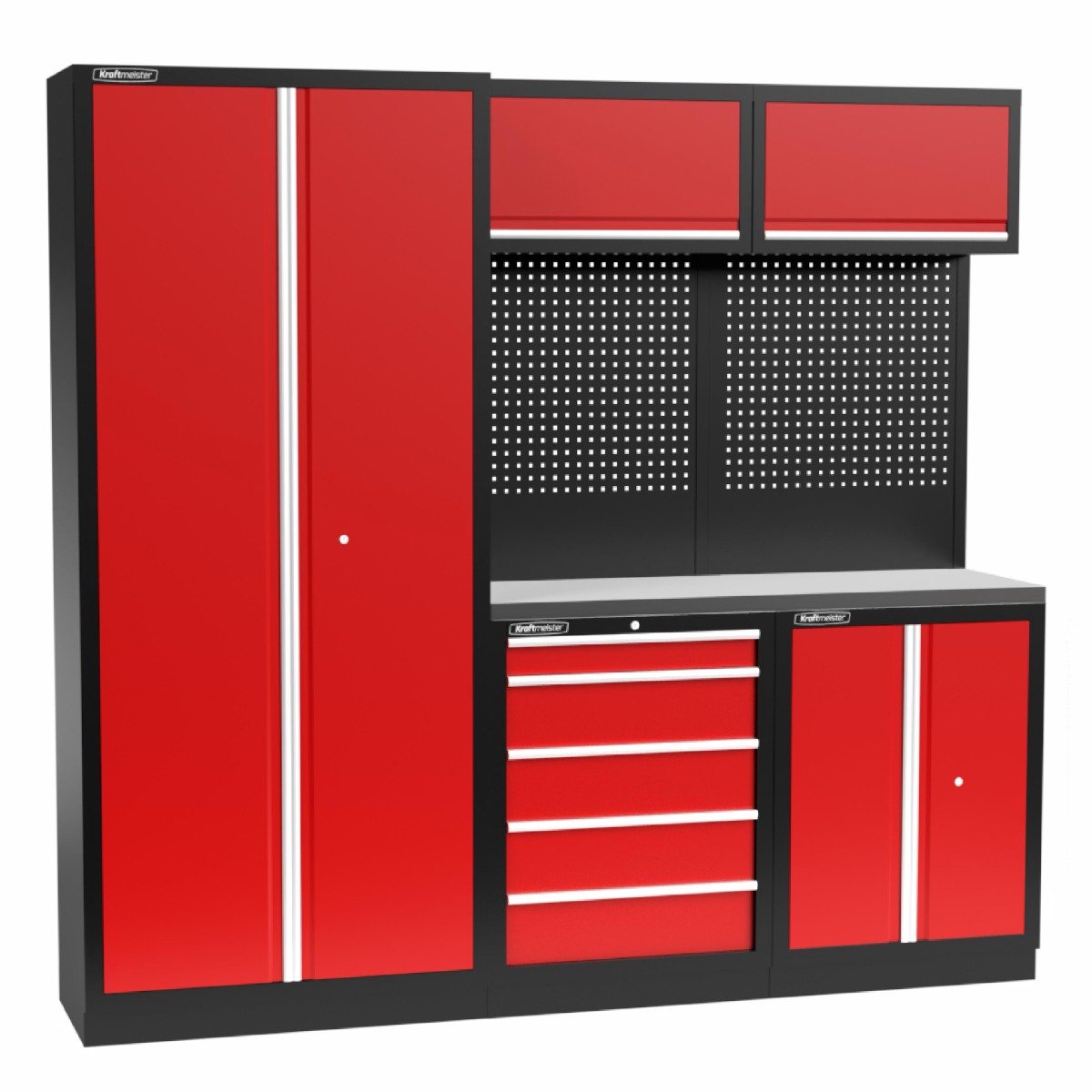 Kraftmeister werkplaatsinrichting - Werkbank met 2 wandkasten, 1 werkplaatskast, 1 opbergkast en RVS werkblad - Werktafel met 5 laden en gereedschapswand - Complete set voor werkplaats of garage - Rood