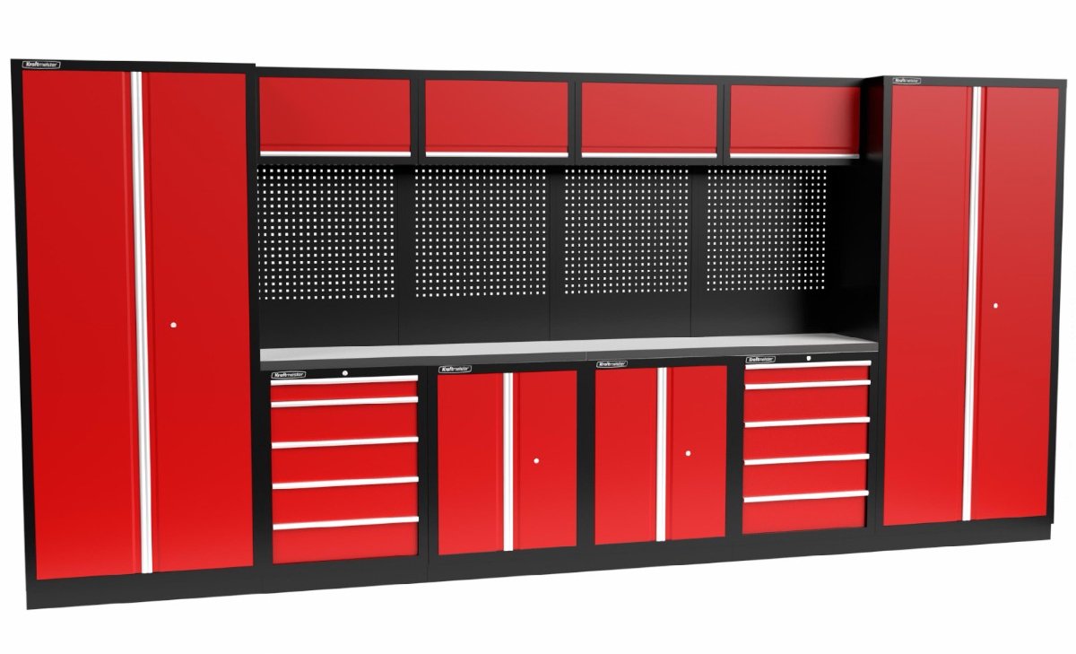 Kraftmeister werkplaatsinrichting - Werkbank met 4 wandkasten, 2 werkplaatskasten en RVS werkblad - Werktafel met 10 laden, 2 opbergkasten en gereedschapswand - Complete set voor werkplaats of garage - Rood