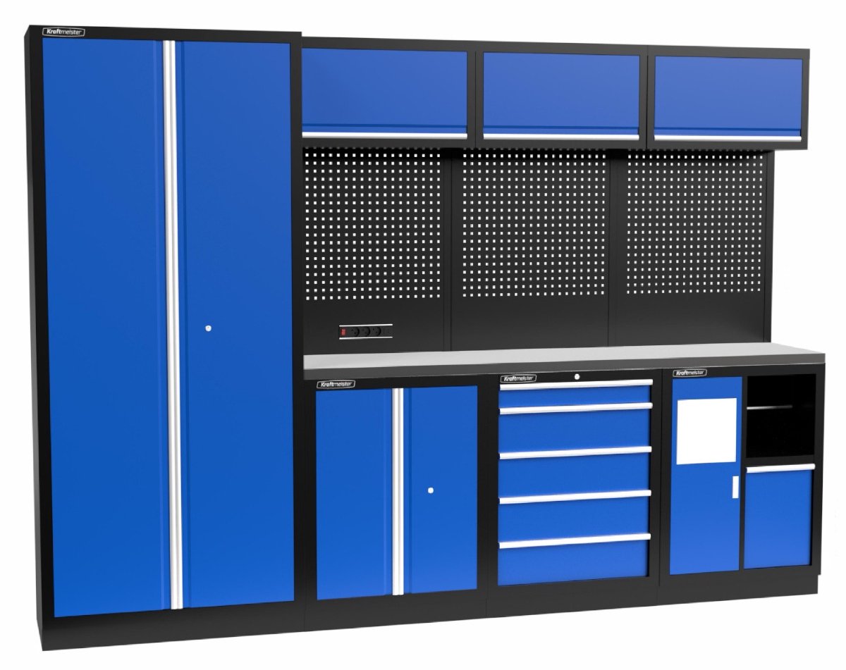 Kraftmeister werkplaatsinrichting - Werkbank met 3 wandkasten, 1 werkplaatskast en RVS werkblad - Werktafel met 5 laden, 1 opbergkast, 1 prullenbak en gereedschapswand - Complete set voor werkplaats of garage - Blauw