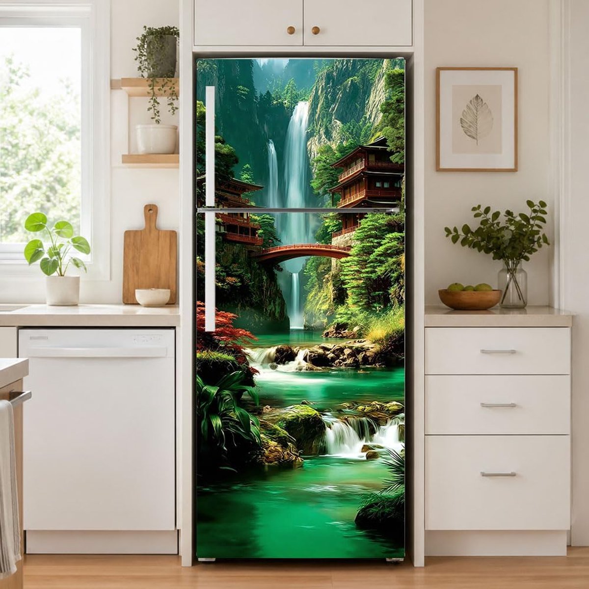 Deurbehang zelfklevend 41,5 x 200 cm - groene muurfolie - watervalmotief - decoratie voor keuken - ShopVlot