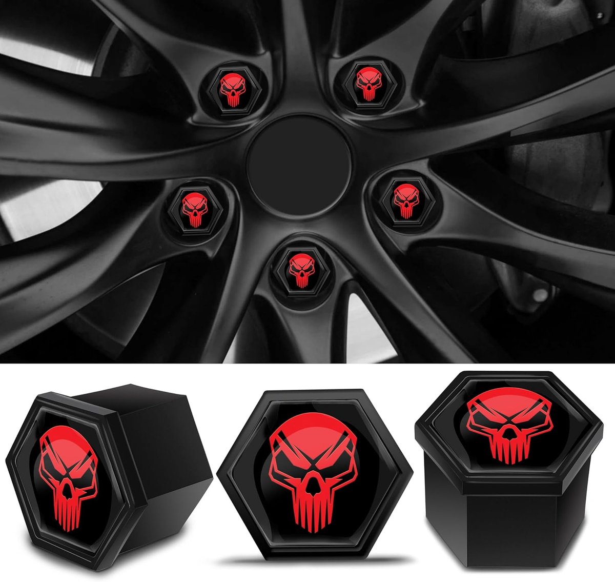 Wielbouten en Moeren Set 20x - Universaal 17 mm - Skulls Rood/Zwart - Inclusief Verwijdertool - ShopVlot