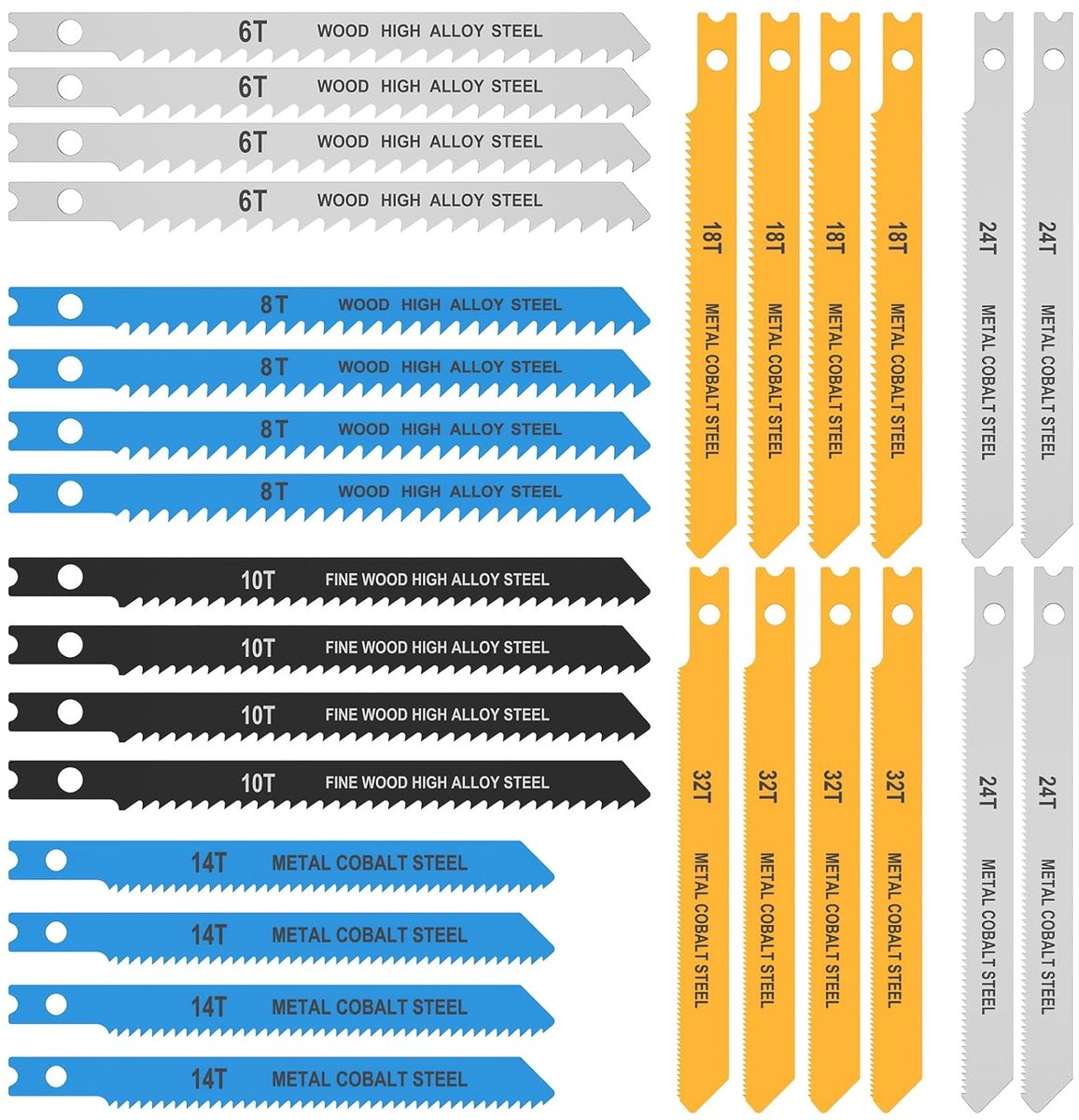 SnelShoppen - Professionele Jigsaw Blade Set U-Shank - 6TPI/8TPI/10TPI/14TPI/18TPI/24TPI/32TPI - Hoogwaardige Carbon Staal & HSS - Voor Hout, Kunststo