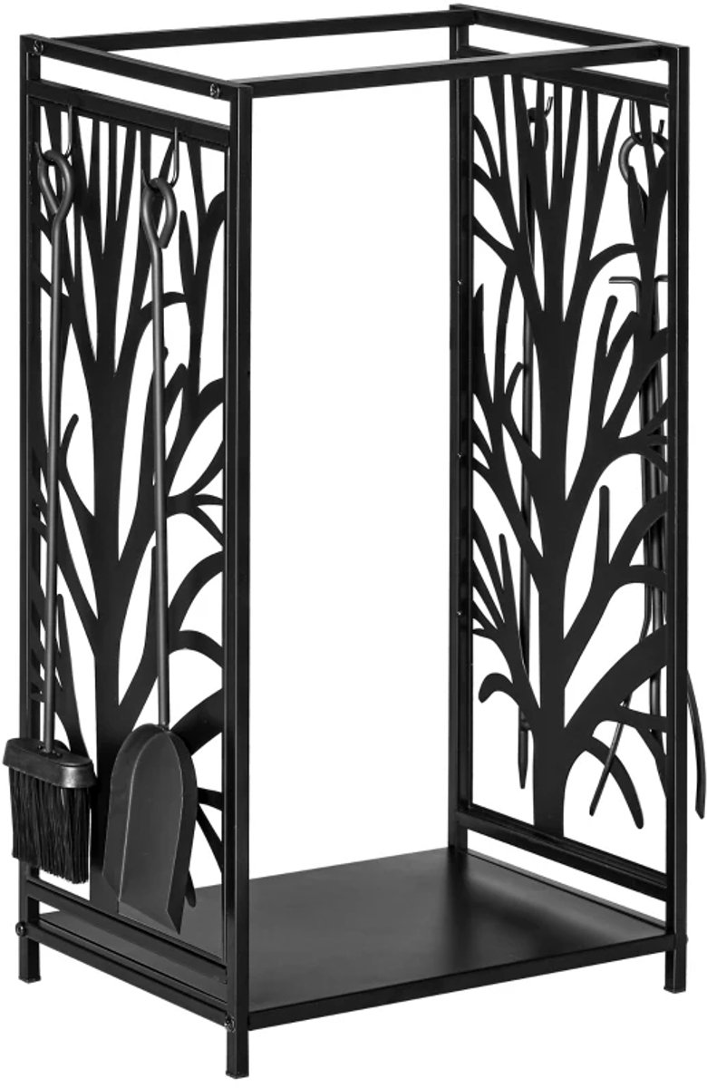 Haardaccessoires - Brandhoutrek Voor Binnengebruik - Staal - 46 x 30 x 70 cm - Met 4 Openhaardgereedschaphaken - Openhaardbestekset - Zwart