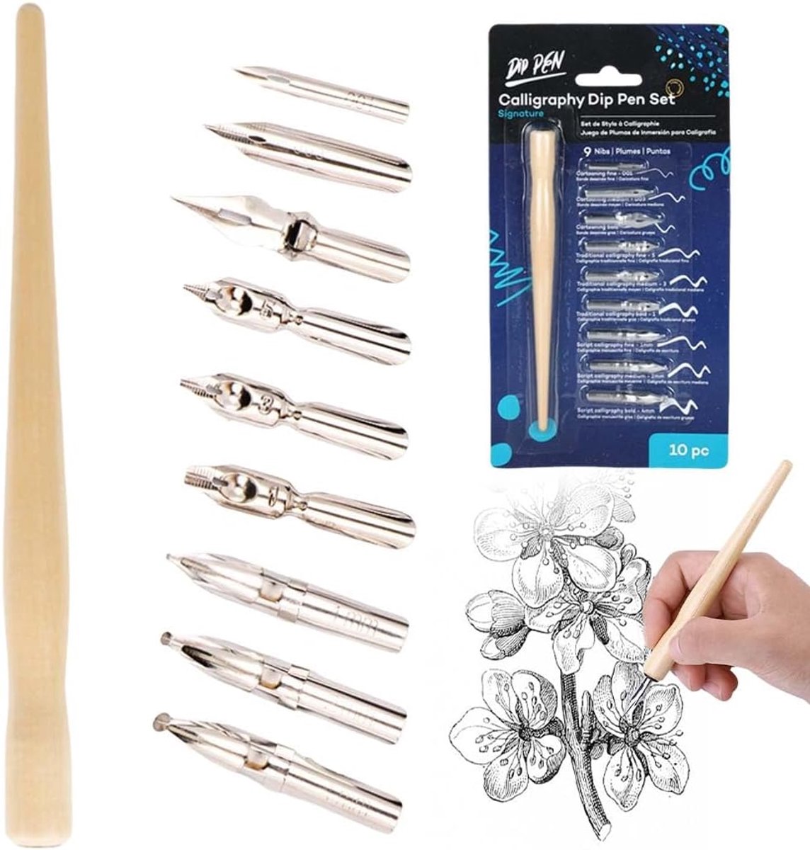 Set met veren voor kalligrafie en manga, met 1 penhouder en 9 verschillende veren, ideaal voor beginners, kunstenaars - ShopVlot