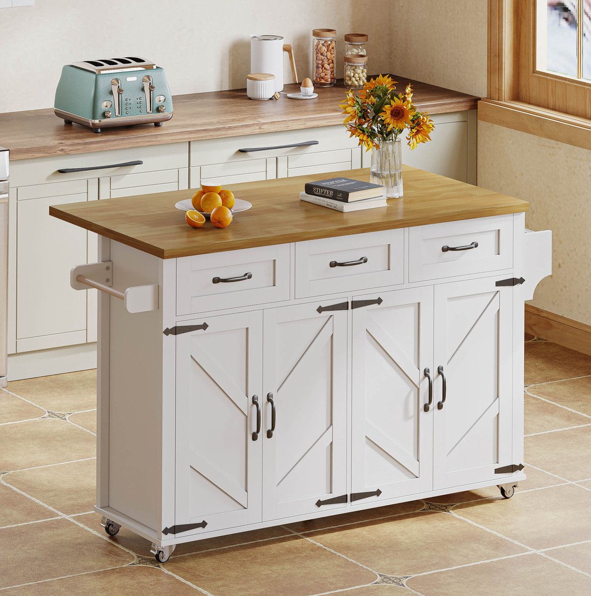 WUVRIE - Keukeneiland 140x43(70)x90,5 cm - Klapbaar werkblad, 4 deuren en 3 lades - Wit/naturel