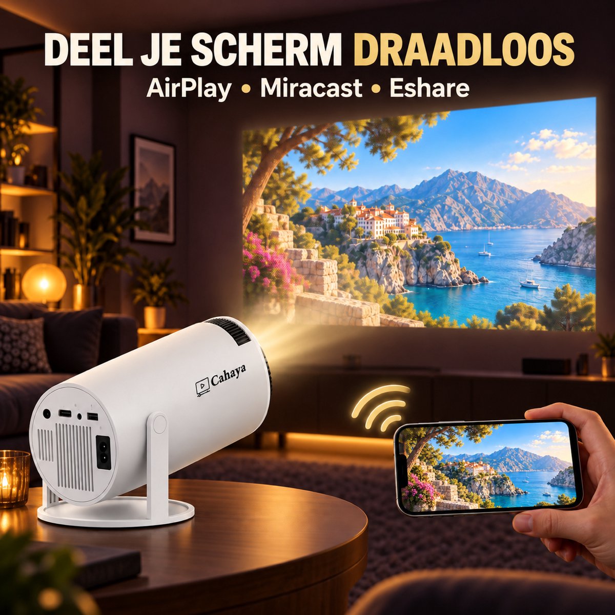 Cahaya 2026 vernieuwd model + HDMI kabel - Pro versie - Mini Beamer - mini projector - draagbare beamer - projector / beamer - Geïntegreerd Android 14.0 systeem - Screen mirroring smartphone - Home cinema — cadeau in Elektronica - foto 2