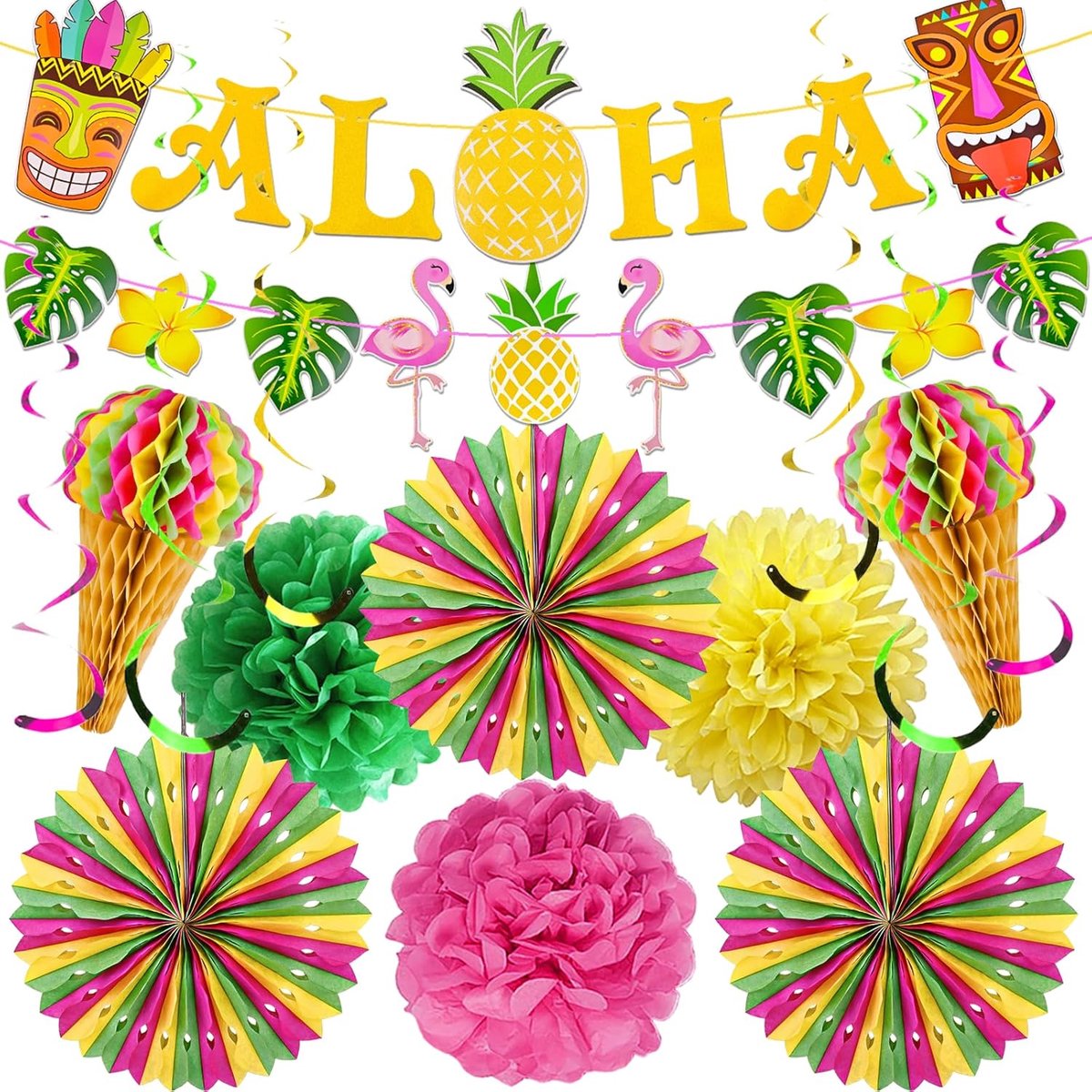 SnelShoppen - Hawaiian Holiday Decoratie Set voor Tiki Bar, Aloha Thema, Flamingo en Palmblad Garland, Perfect voor Tuin Feesten, Strand en Zwembad Pa