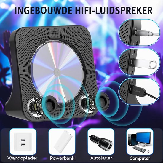Dvd-speler voor tv, all-region, desktop, dvd/cd-speler voor thuis, met bluetooth-luidsprekers, display, wekker, FM-radio met cd-speler, USB-kaart, afspelen, inclusief afstandsbediening — afbeelding 4