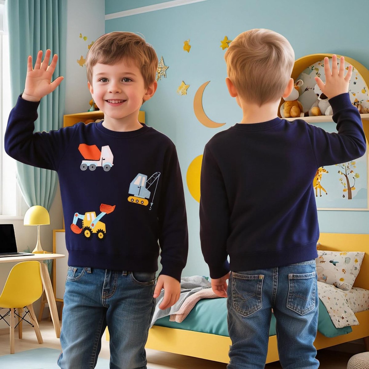 Sweatshirt voor Jongens Katoenen Trui met Ronde Hals Dinosaurus Graafmachine Patroon Pullover Kerstman Eland Print Jumper Warme Lange Mouwen Sweater Herfst Winter Top voor Kinderen 2-7 jaar