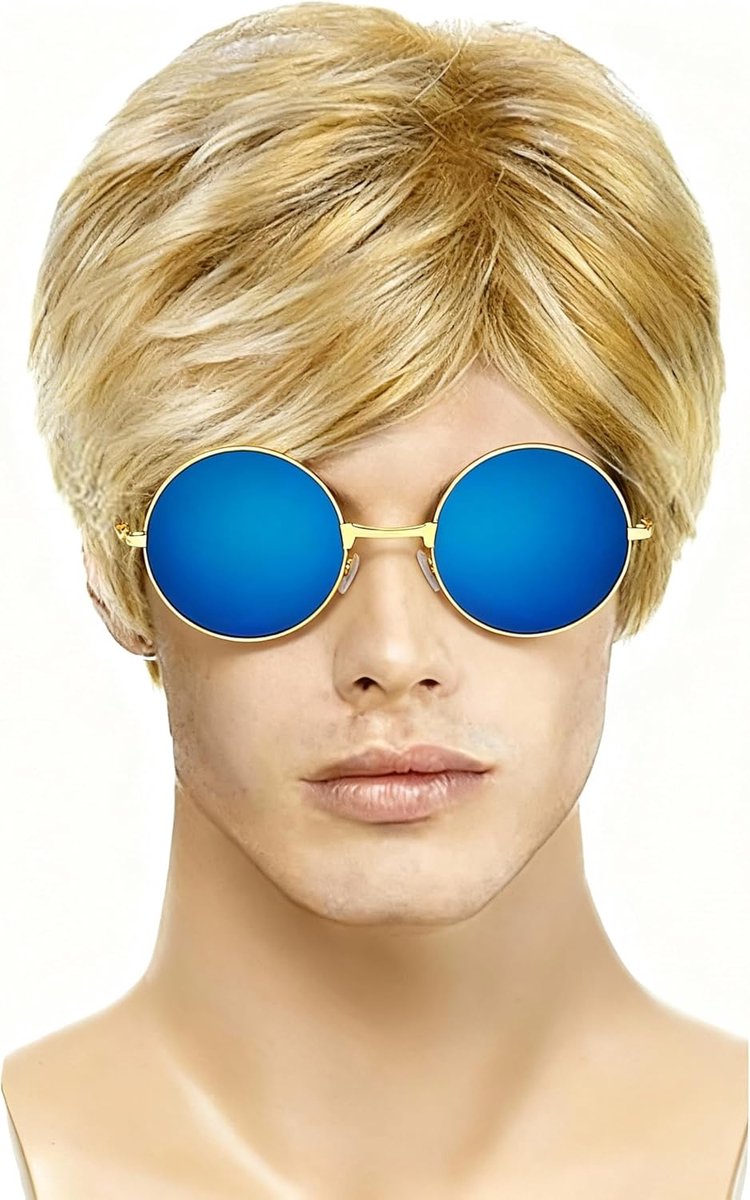 Pruik voor heren, jaren 80 met zonnebril, 1 x korte blonde krullende pruik van hittebestendige kunstvezel, kostuumaccessoire voor feestjes (blond)