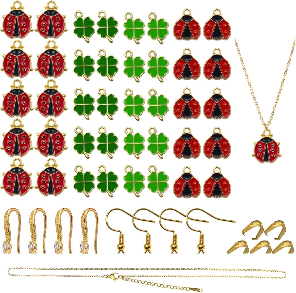 40 stuks lieveheersbeestje klavertje hangers, metalen ladybug geluksbrenger, klaverblad, geluksbeestje, klavertje vier met accessoires, emaille lieveheersbeestje, decoratie voor doe-het-zelf