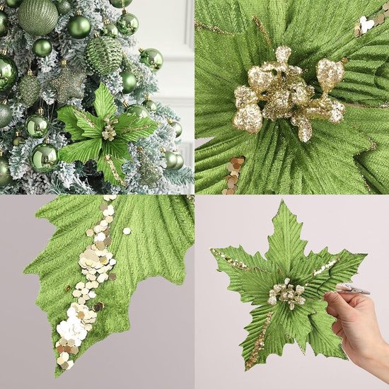 53 stuks groene kerstbal ornamenten set, glitter groene hangende bollen ornament met kunstmatige kerstbloemen voor kerstboom, nieuwjaar, vakantie, feestdecoraties (groen) — afbeelding 4