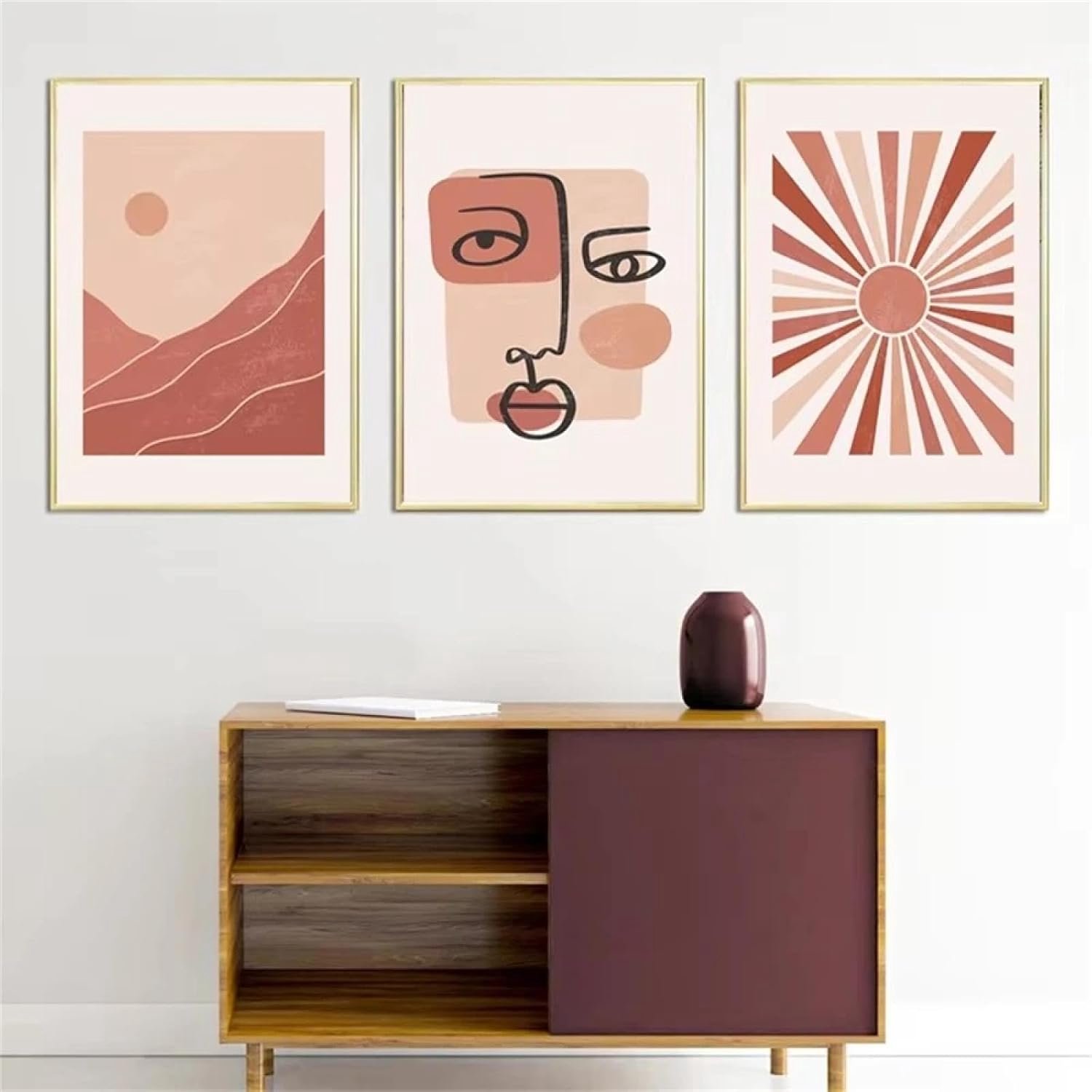 RDRDtbtr Halverwege de eeuw abstracte muurkunst terracotta zon gezicht lijn canvas schilderij moderne Scandinavische posters prints muur foto kamer woondecoratie 50 x 70 cm x 3 zonder lijst