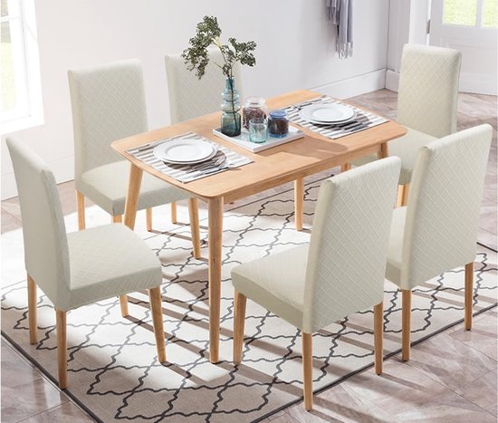 Fuloon Super Fit Stretch Jacquard Verwijderbare Wasbare Korte Eetkamerhoezen Stoelhoes voor Hotel, Eetkamer, Ceremonie, Banket Bruiloft (6, Beige) — afbeelding 2