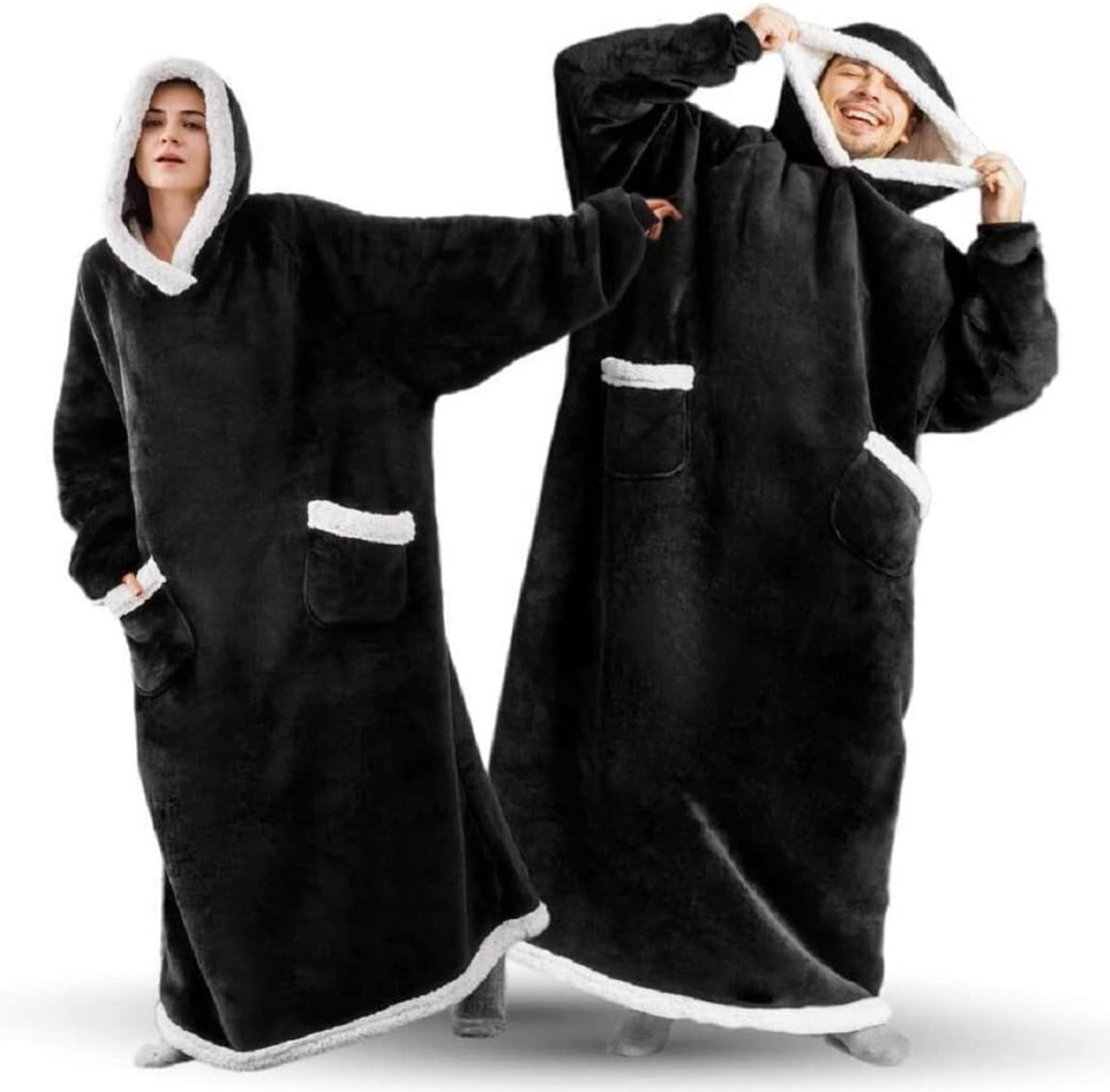 Sacebeleu Knuffeldeken met mouwen, oversized zachte deken, hoodie, sweatshirt, sherpa capuchontrui voor dames en heren, pluizige flanellen tv-deken met mouwen, draagbaar, volledige deken, zwart