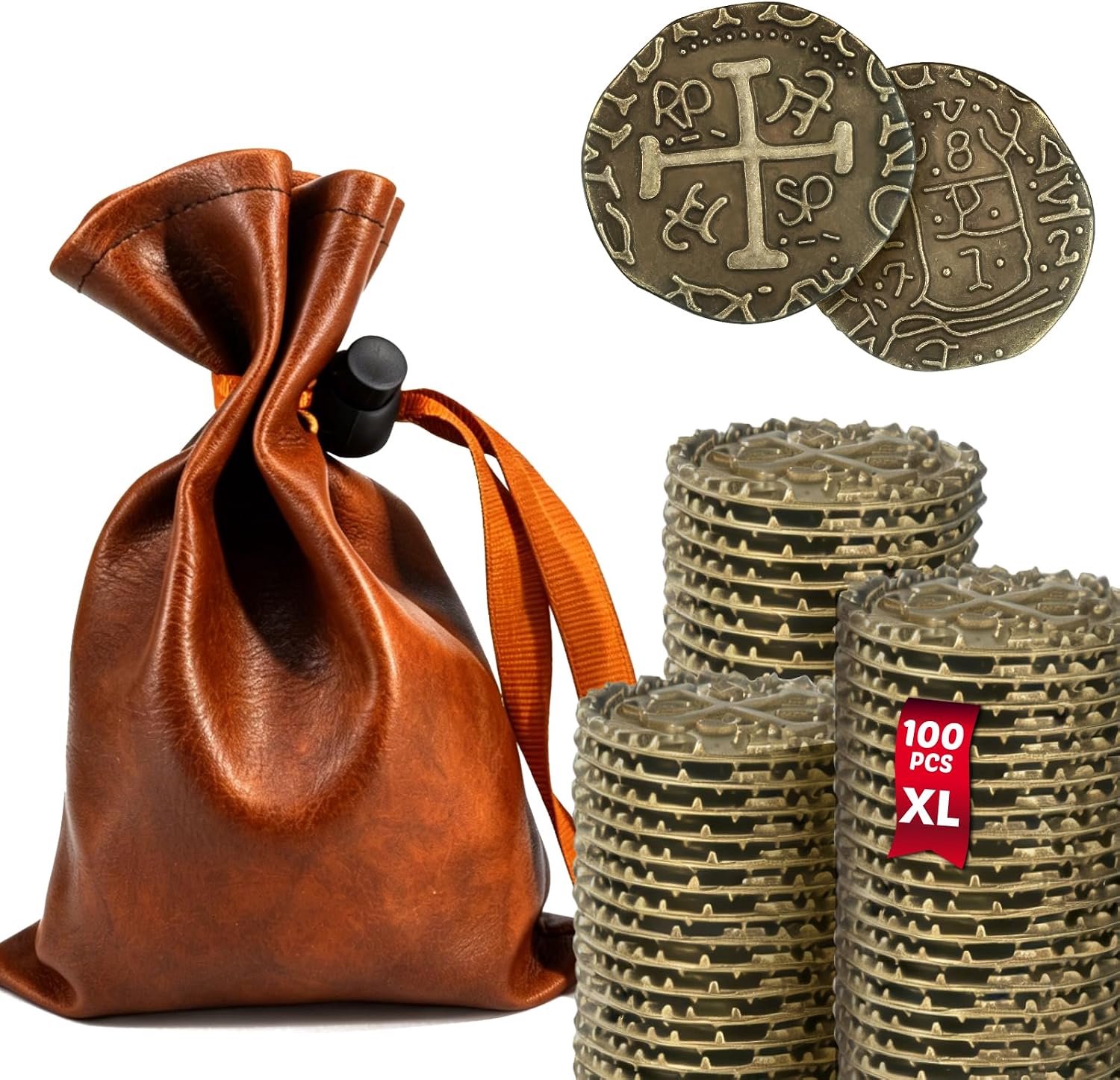 100 piraten-gouden munten (3,3 cm) brons metallic in PU-zakje