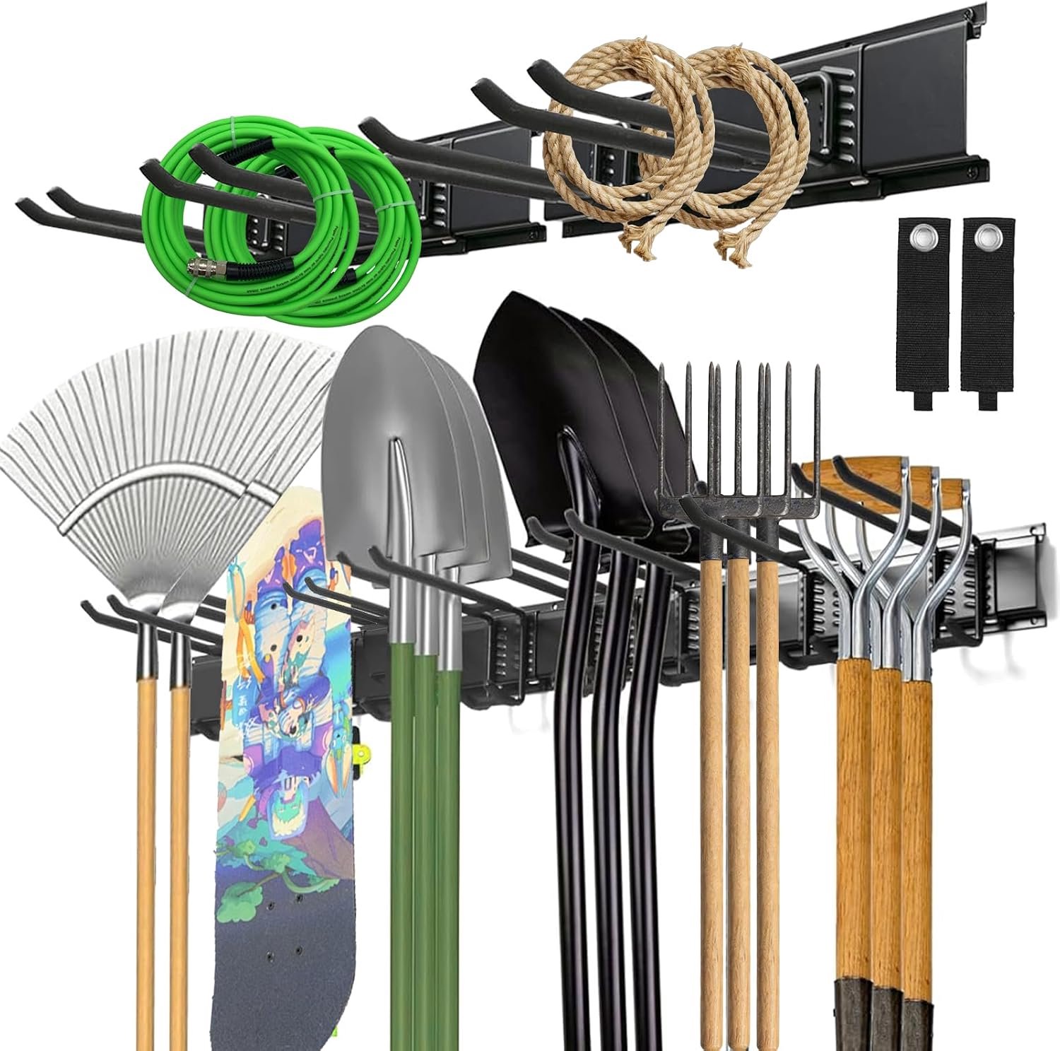 Toolhouder wandmontage - met 4 rails - metalen constructie - voor het organiseren van tuingereedschap - ShopVlot