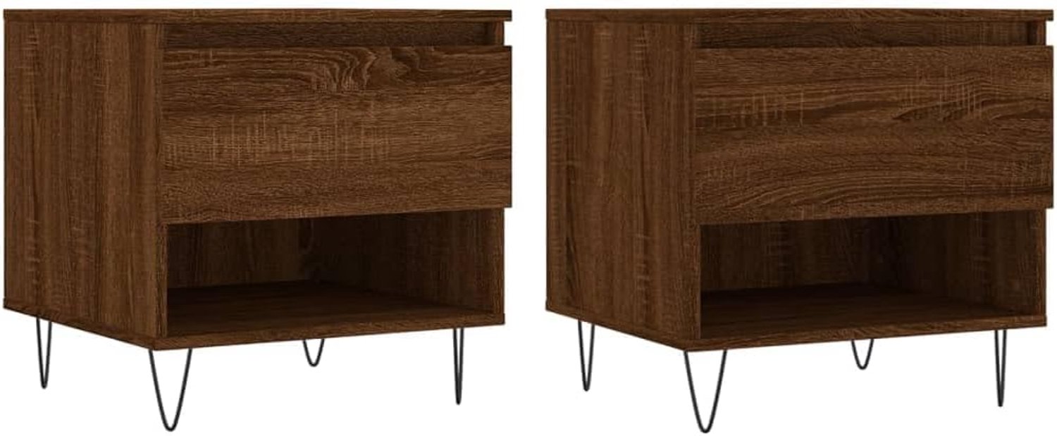 Salontafels, 2 stuks, van houtmateriaal in bruin eikenlook, 50 x 46 x 50 cm, met lade en vak voor opbergruimte, robuust tafelblad en stabiele metalen poten