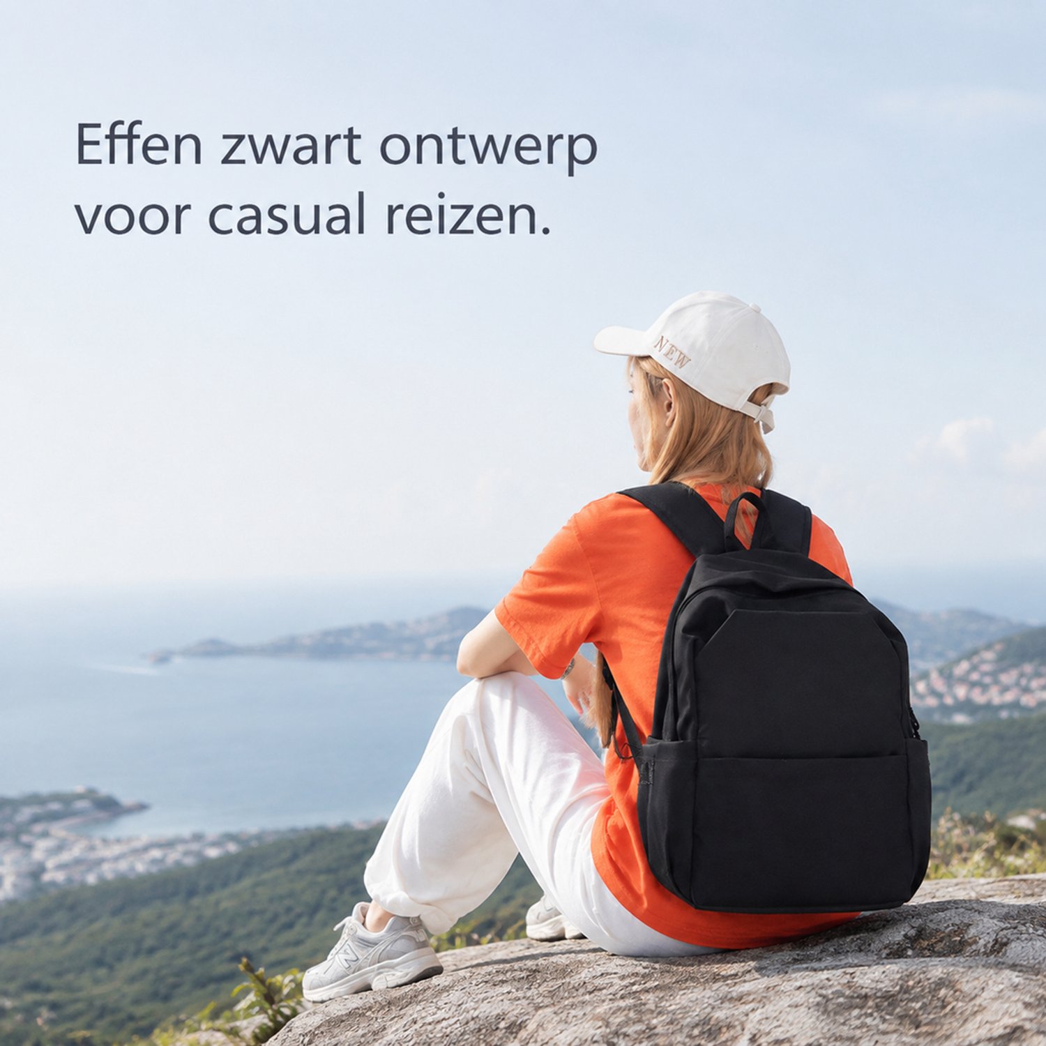 Rugzak - effen zwart - stikselaccenten - voor casual reizen