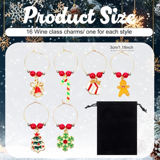 16 stuks Kerstmis wijnglas charmes ringen, herbruikbare kerst wijnglas hanger, kerst wijnglas marker, kerst emaille charmes, voor kerstfeesten, statafeldecoratie, wijnproeverijen — afbeelding 5