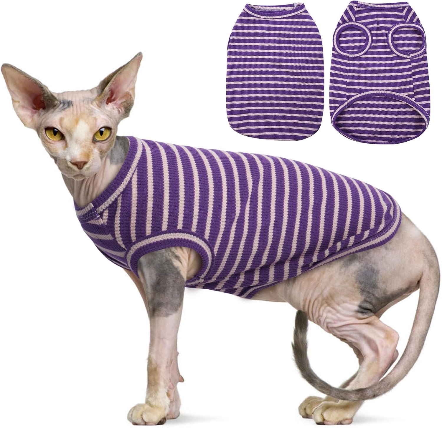 Sphynx Kattenkleding, ademende shirts voor haarloze katten, strepen, kitten-T-shirts, mouwloze trui, zomerkleding voor huisdieren voor Sphynx, Cornish Rex, Devon Rex