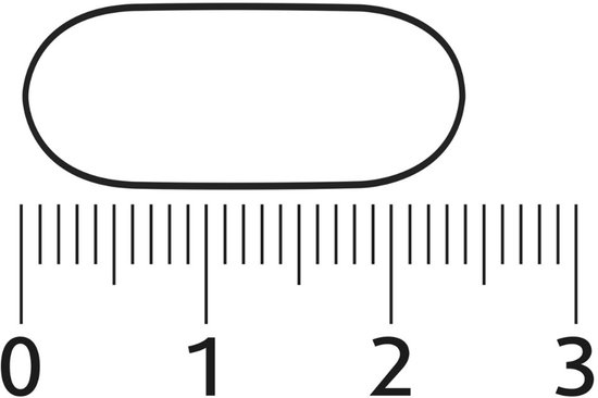 Eén witte capsule wordt getoond naast een liniaal die 3 cm meet.