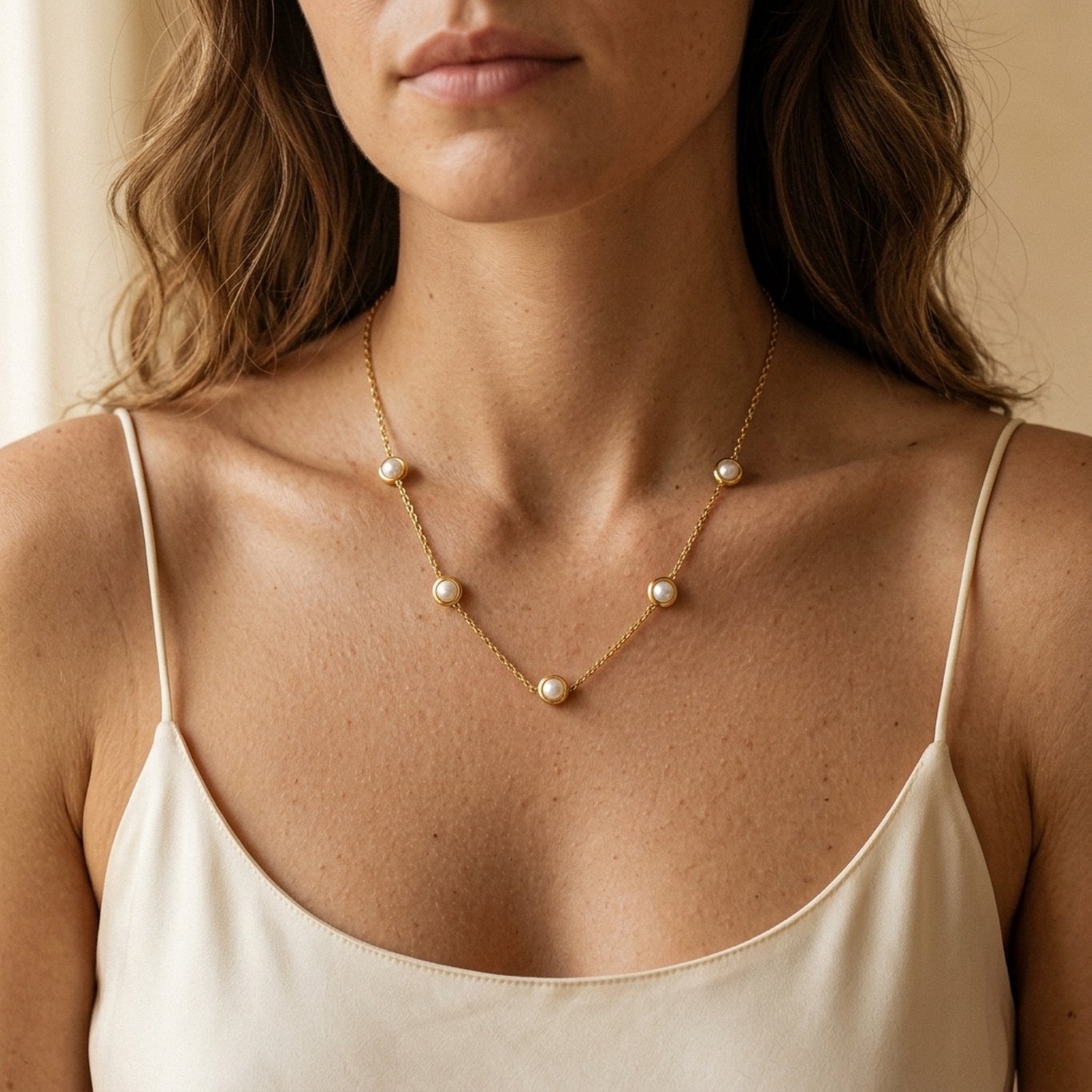 Lundholm Esmee Parelketting Dames Goudkleurig - Premium Stainless Steel - Ketting met 5 Imitatie Pareltjes in Gouden Zetting - Verstelbaar 40 + 5 cm - Minimalistische Parel Ketting Vrouwen - Scandinavisch Design - Sieraden Cadeau voor Haar