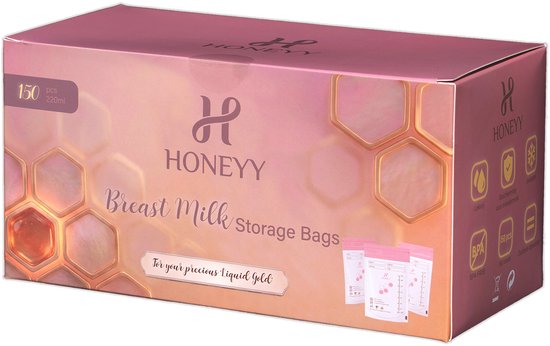 Roze doos voor moedermelk bewaarzakjes. Doos met honingraatmotief, tekst 'For your precious liquid gold' en productinformatie.