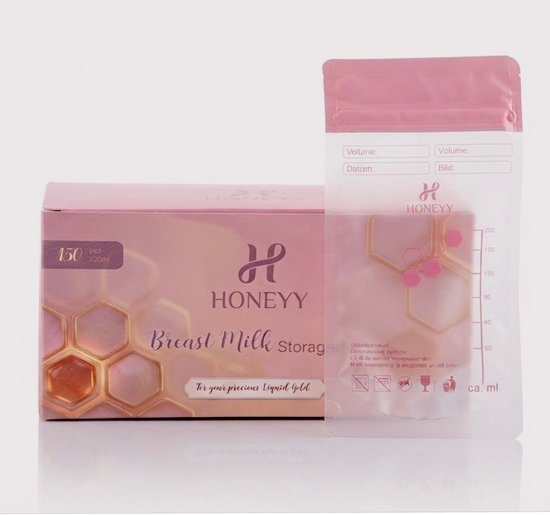 Roze doos en bewaarzakje voor moedermelk. Doos met honingraatmotief en tekst 'Breast Milk Storage'. Zakje heeft schaalverdeling.