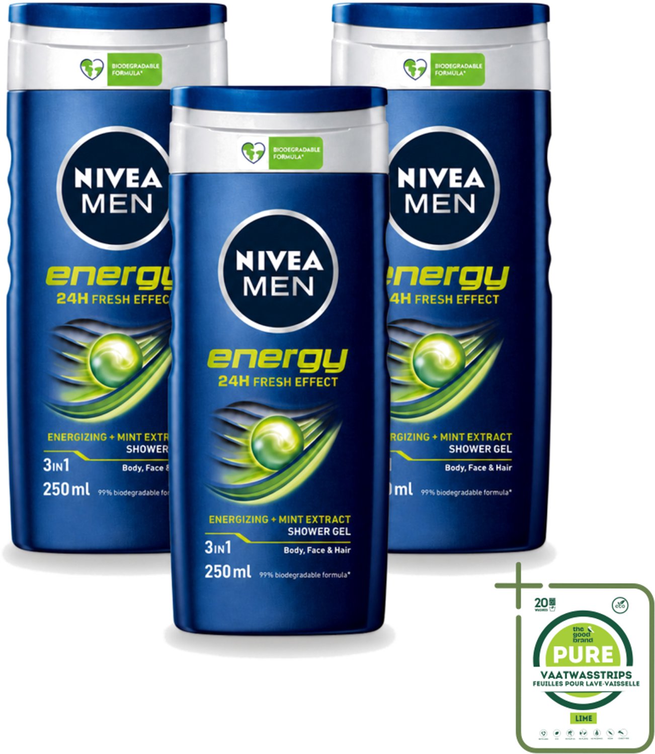 3 x Nivea - Men - Energy Douchegel - Langdurig Fris Gevoel - 250 ml - Grootverpakking - Vaatwasstrips - Douchegel Voor Mannen - Energieboost - Fris Gevoel - Reiniging Lichaam En Haar - Mintextract