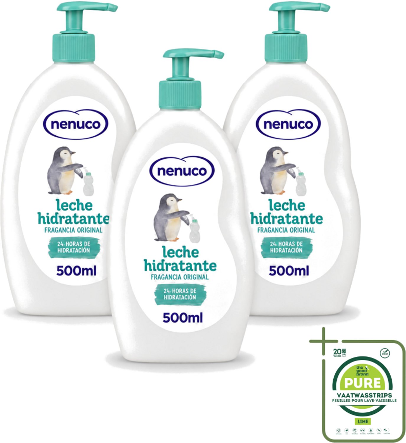 3 x Nenuco - Bodymilk - Verzorgende Bodylotion - Hydraterend - Met Pomp - 500 ml - Grootverpakking - Vaatwasstrips - Babyhuid Verzorging - Bodymilk Voor Baby - Hydraterende Bodylotion - Nenuco Bodymilk - Shea Butter Voor Baby