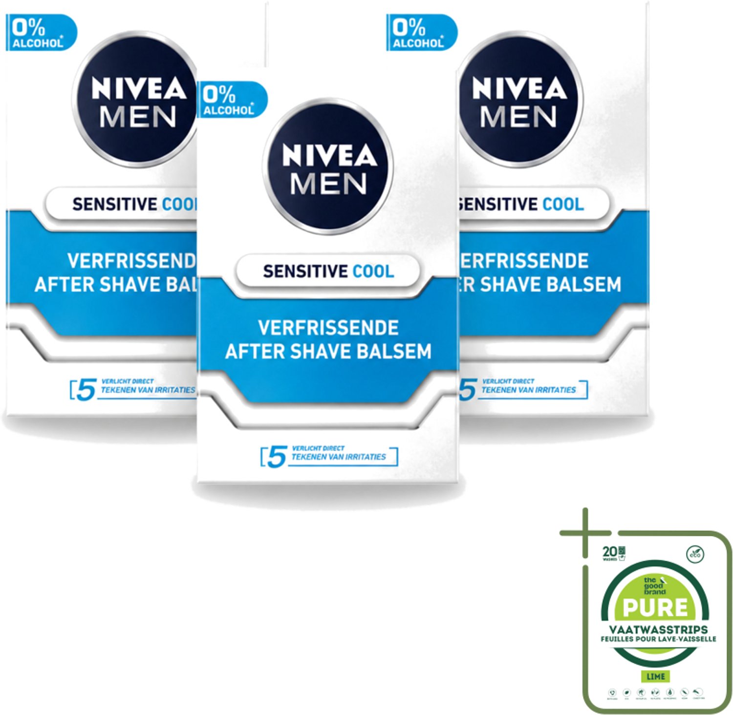 3 x Nivea - Men - Sensitive Cool Aftershave Balsem - Zeewierextract & Kamille - Alcoholvrij - 100 ml - Grootverpakking - Vaatwasstrips - Aftershave Balsem - Alcoholvrij Aftershave - Gevoelige Huid - Scheren Na - Roodheid Verminderen