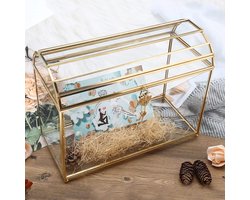 Homtone 31 cm grote glazen bruiloftskaartdoos met gleuf en slot, geometrisch terrarium, goudkleurige glazen doos - ShopVlot
