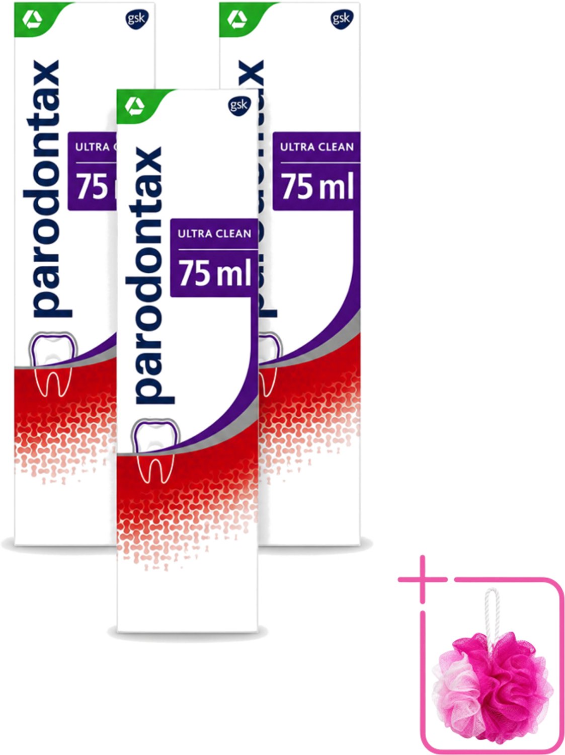 3 x Parodontax – Tandpasta – Ultra Clean – Bloedend Tandvlees – 75 ml - Bulkverpakking - Bloedend tandvlees - Douchemop - Tandpasta