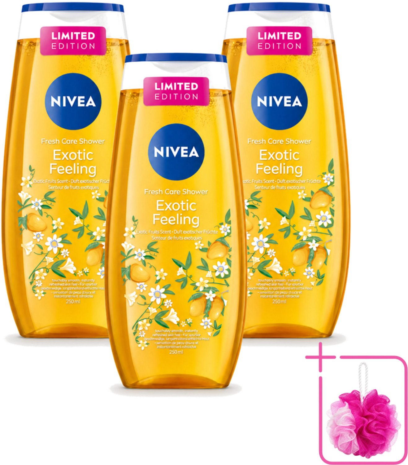 3 x Nivea – Douchegel – Exotic Feeling – 250 ml - Bulkverpakking - Douchegel - Douchemop - Tropische geur