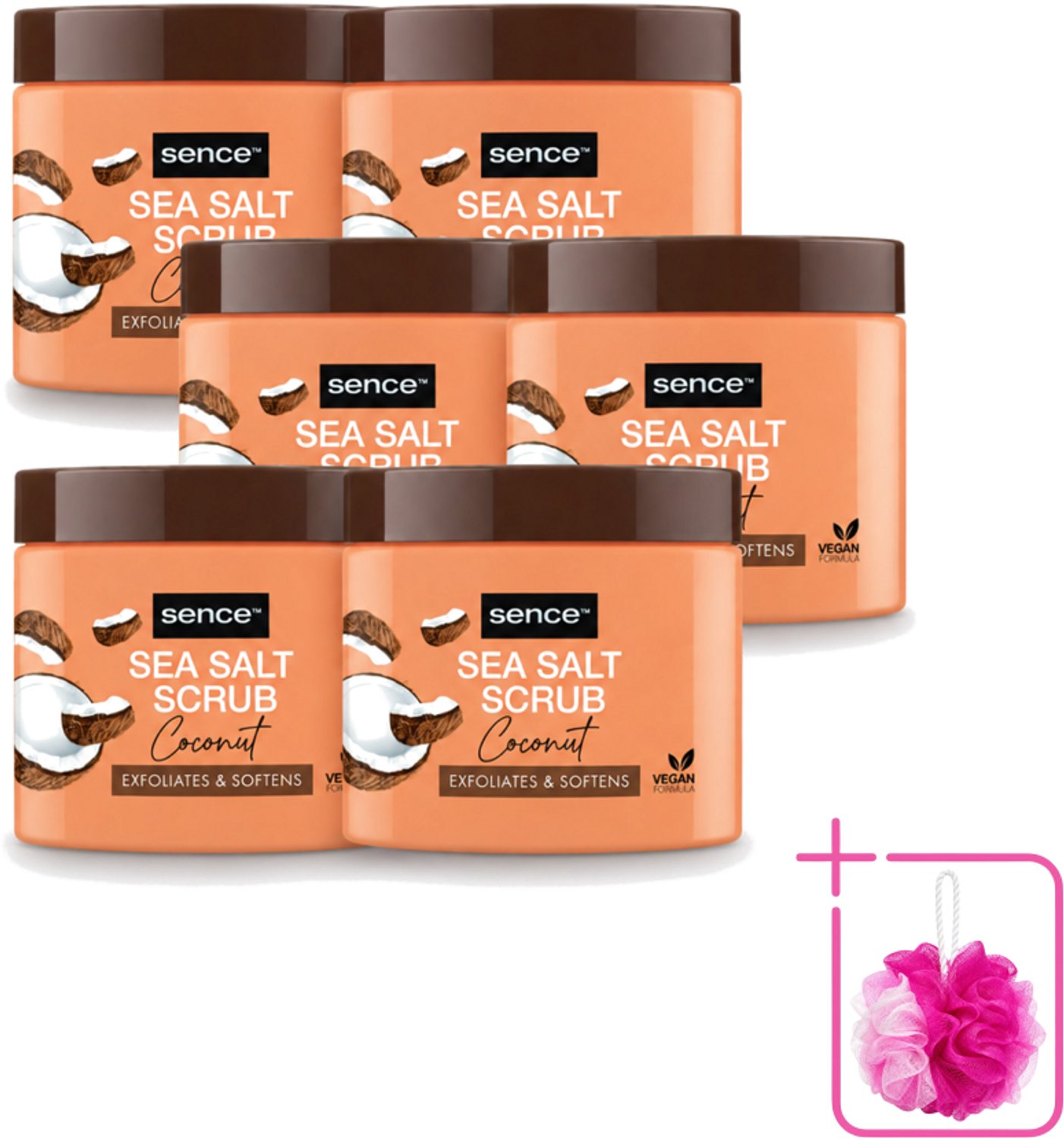 6 x Sence - Coconut - Bodyscrub - Verzorgend - 500 g - Bulkverpakking - Bodyscrub kokos - Douchemop - Huid verzorging