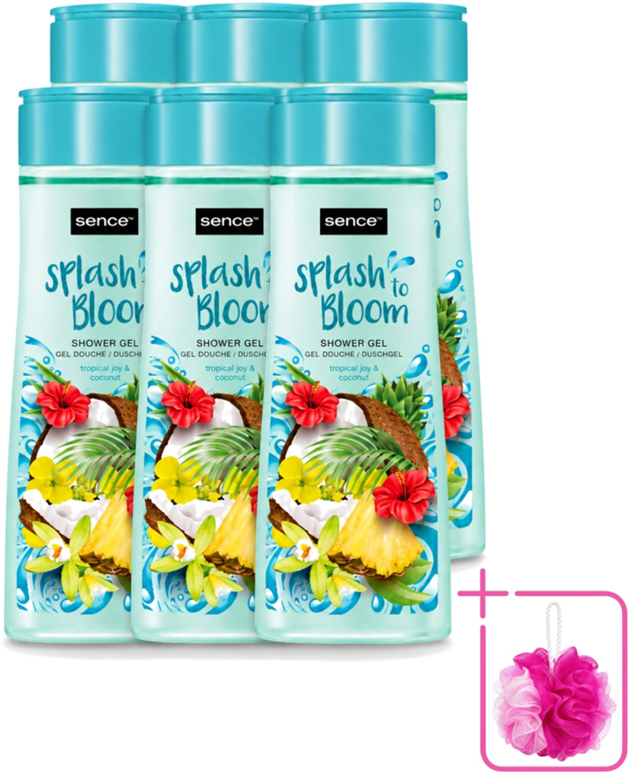 6 x Sence - Tropical Joy & Coconut - Douchegel - Exotisch - 300 ml - Bulkverpakking - Douchegel kokos - Douchemop - Tropische geur
