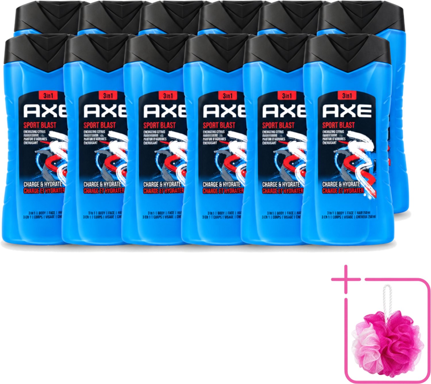 12 x Axe - 3-in-1 Douchegel - Sport Blast - Energizing Citrus - Hydraterend - 250 ml - Bulkverpakking - Douchegel sport - Douchemop - Hydraterende douchegel