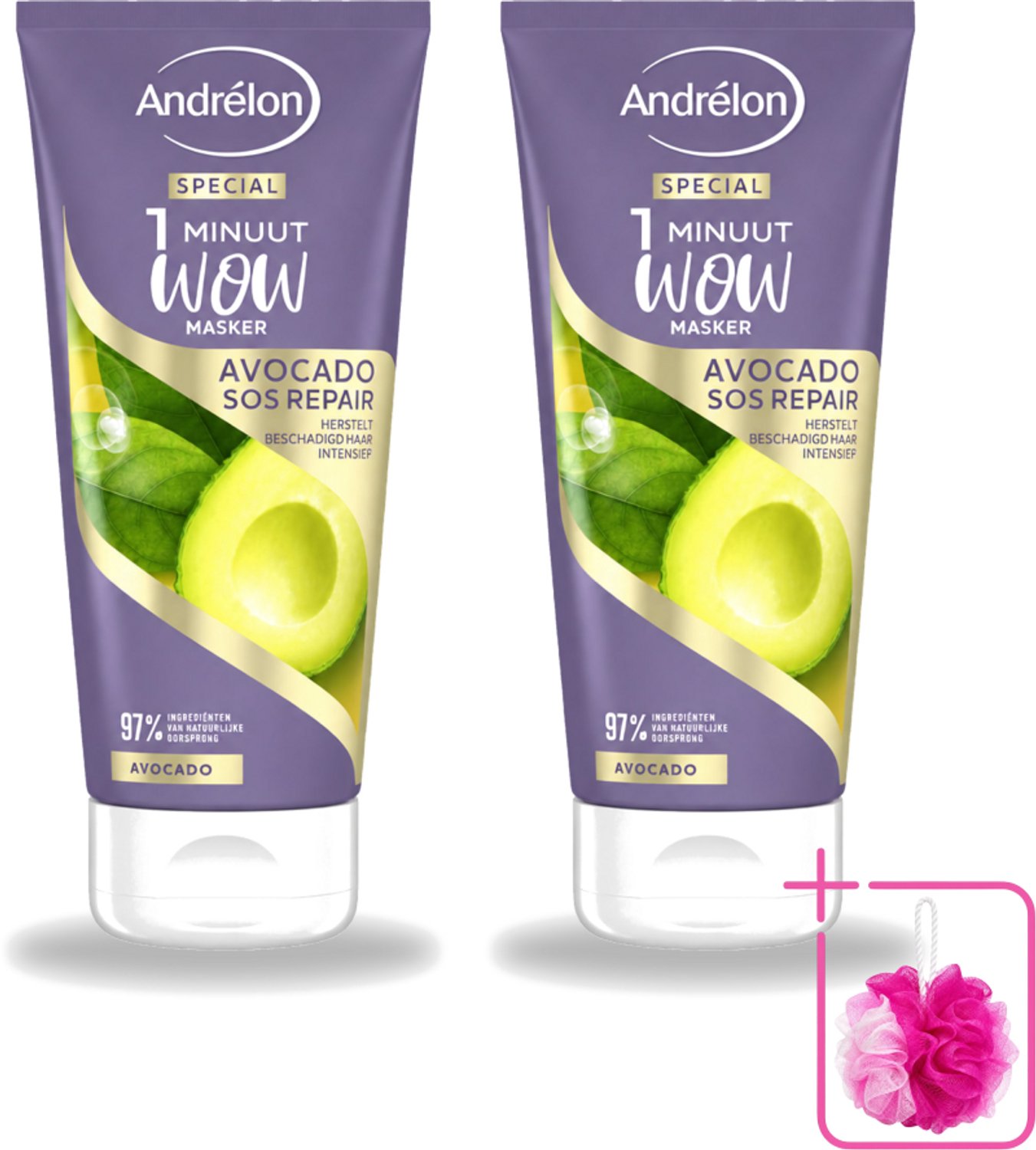 2 x Andrélon - 1 Minuut Wow Haarmasker - Avocado SOS Repair - 180 ml - Bulkverpakking - Haarmasker - Douchemop - Haarherstel