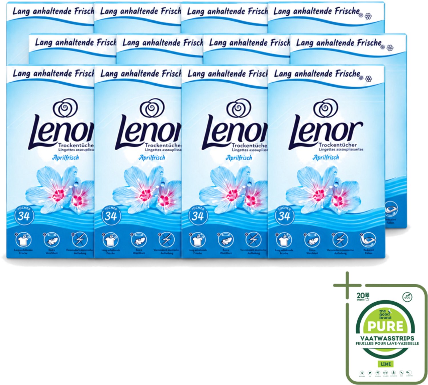 12 x Lenor - Droogtrommeldoekjes - Aprilfris - Textielverfrisser - 34 Doekjes - Grootverpakking - Vaatwasstrips - Droogtrommeldoekjes - Frisheid - Wasdoekjes - Statische Elektriciteit - Wasgoed