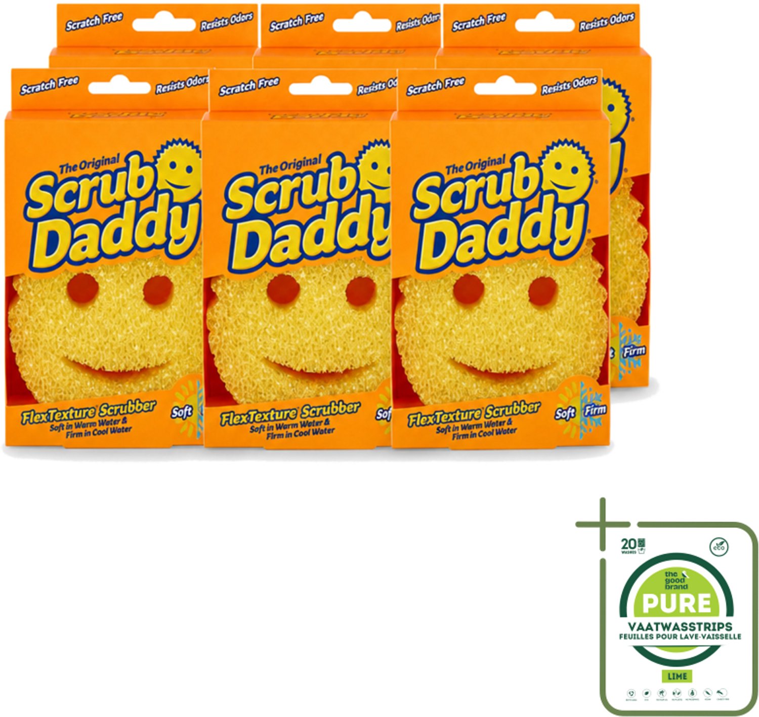 6 x Scrub Daddy - Spons - Veranderende Textuur - 1 Spons - Grootverpakking - Vaatwasstrips - Schoonmaken - Vaat Schoonmaken - Vetvlekken Verwijderen - Koken - Kookgerei Reinigen