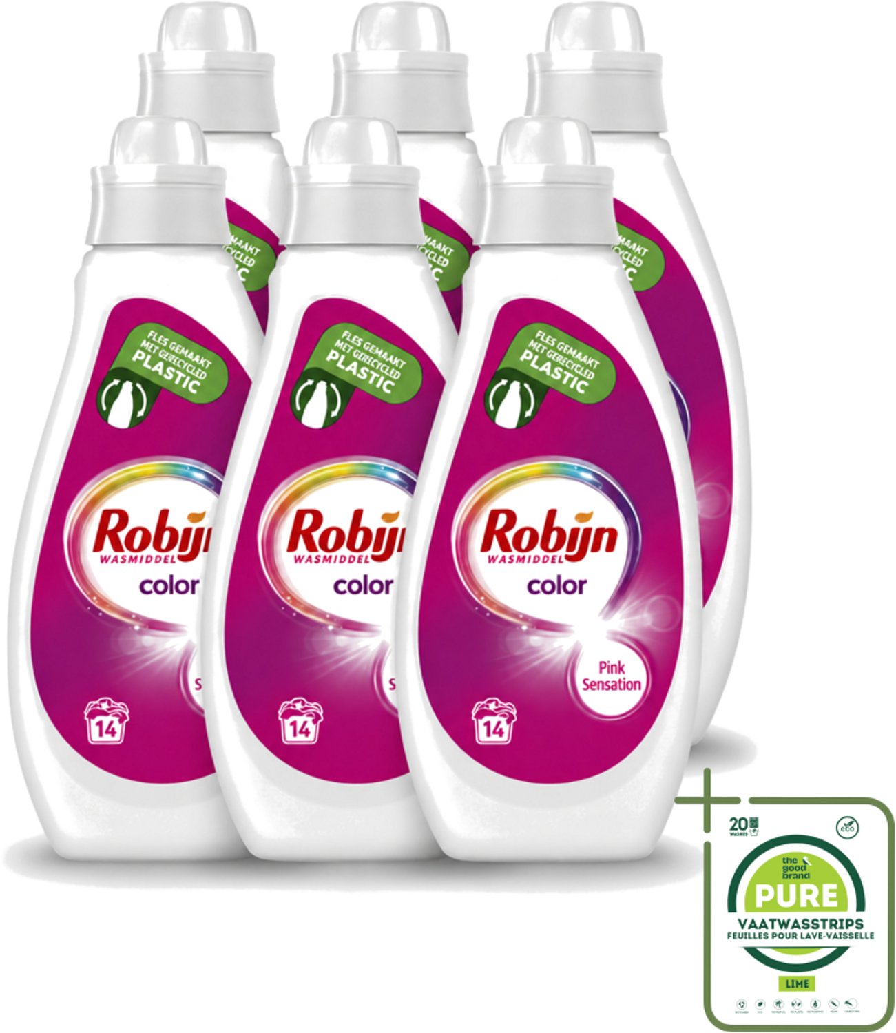 6 x Robijn - Color - Vloeibaar Wasmiddel - Pink Sensation - 14 Wasbeurten - 700 ml - Grootverpakking - Vaatwasstrips - Kleurbehoud - Wasmiddel - Vloeibaar Wasmiddel - Geur - Wasbeurt