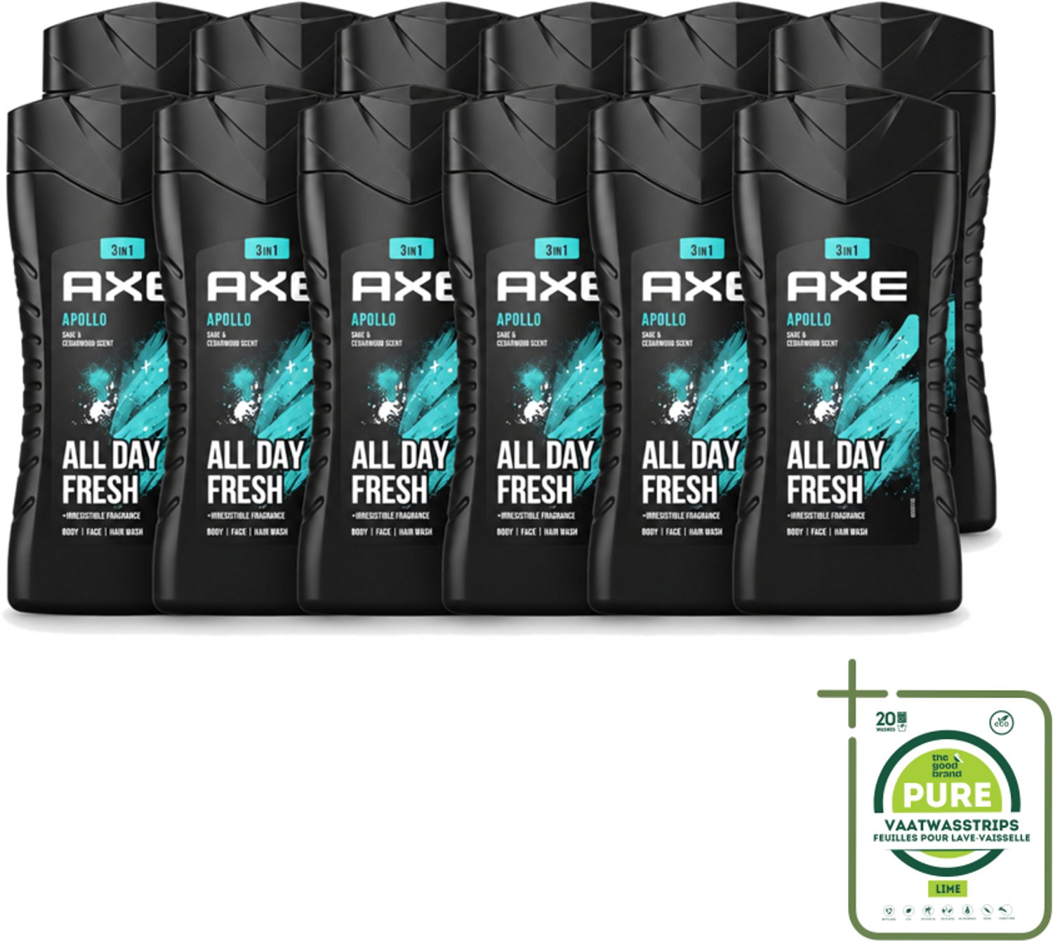 12 x Axe - 3-in-1 Douchegel - Apollo - Sage & Cedarwood - 250 ml - Grootverpakking - Vaatwasstrips - Douchegel - Mannelijke Geur - 3-in-1 - Cederhout - Groen Fruit